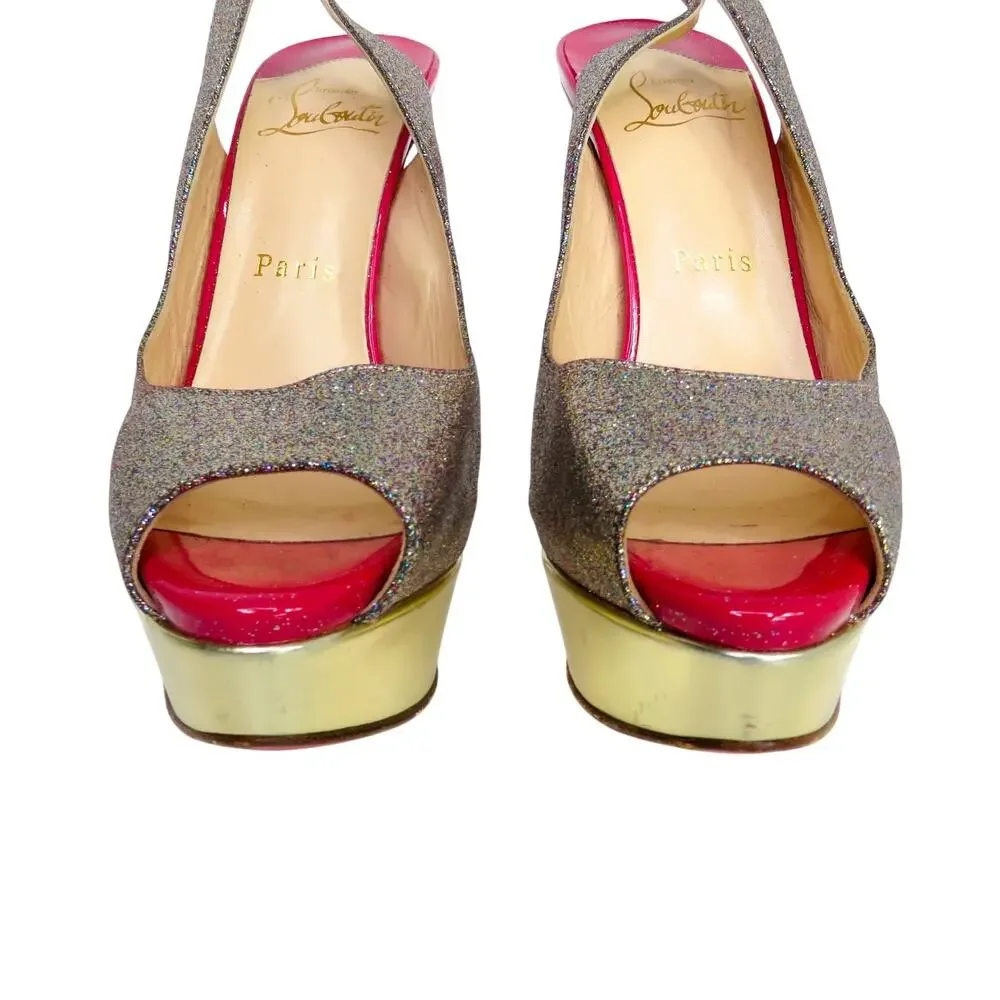 Christian Louboutin Lady Peep Slingback Glitter Pumps Platine Gold Pink Red 36.5